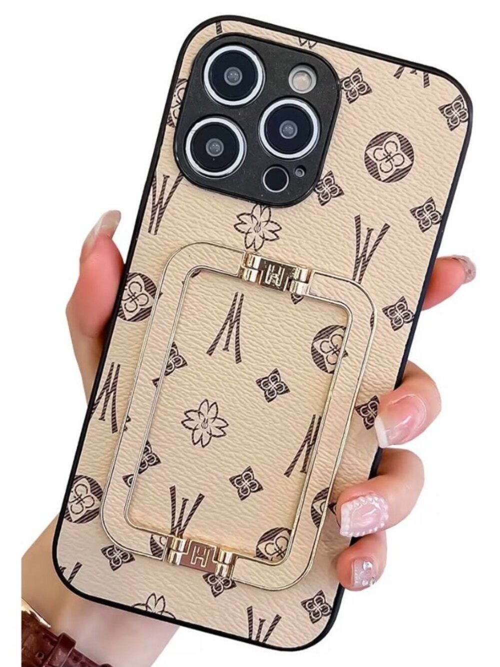 Brand New iPhone 15 Plus Beige & Brown Monogrammed Cell Phone Case with Stand